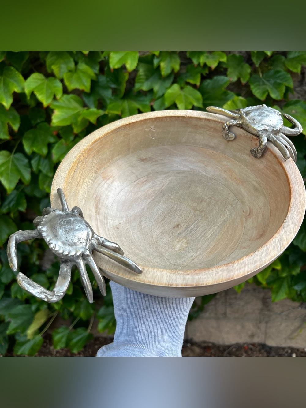 Pier 1 Imports Retired Coastal Theme Wooden Serving Bowl with Metal Crab Handles